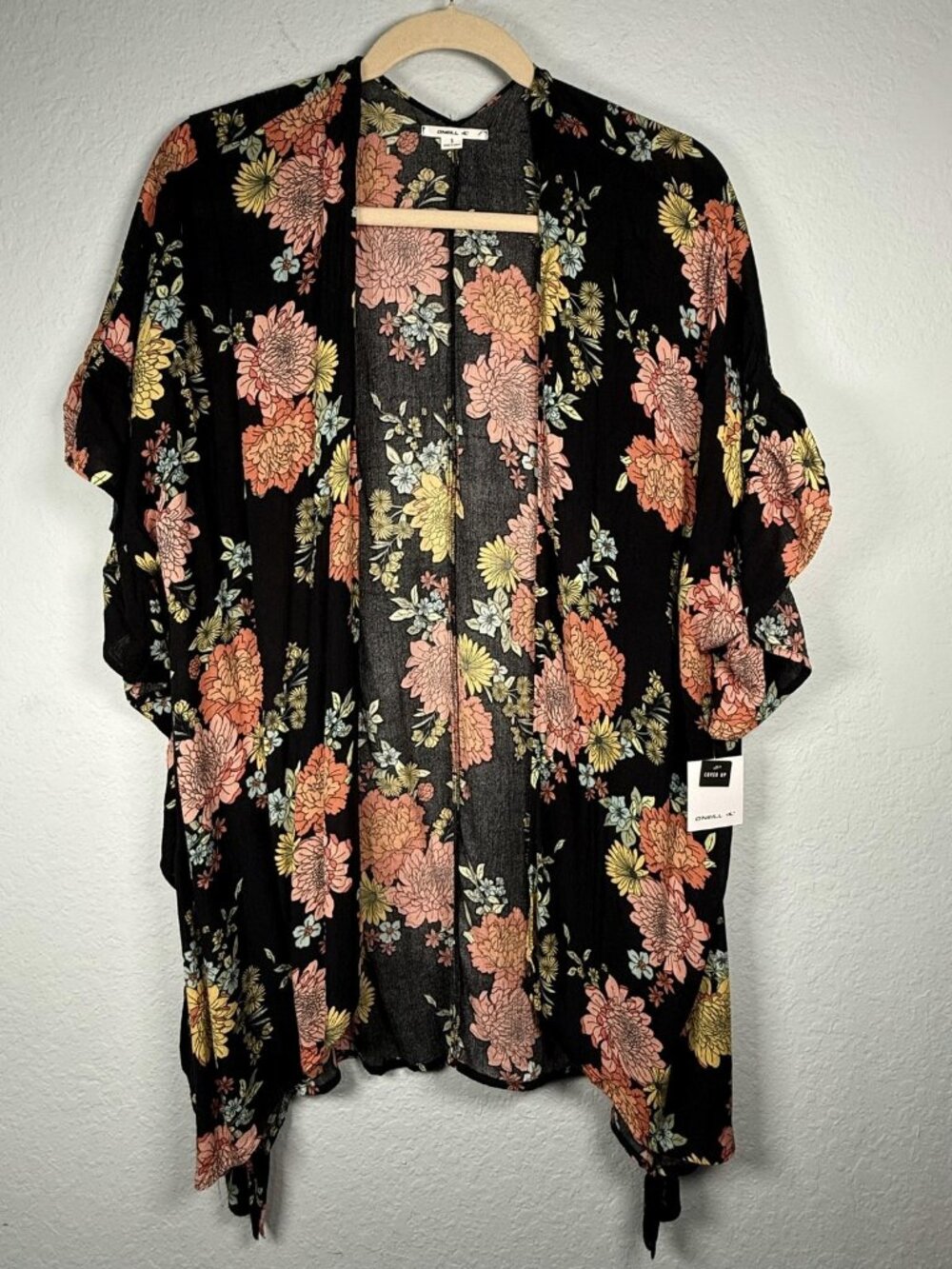 O'Neill Natalie Floral Kimono Cover Up Womens S Black Pink Boho Ruffle Resort